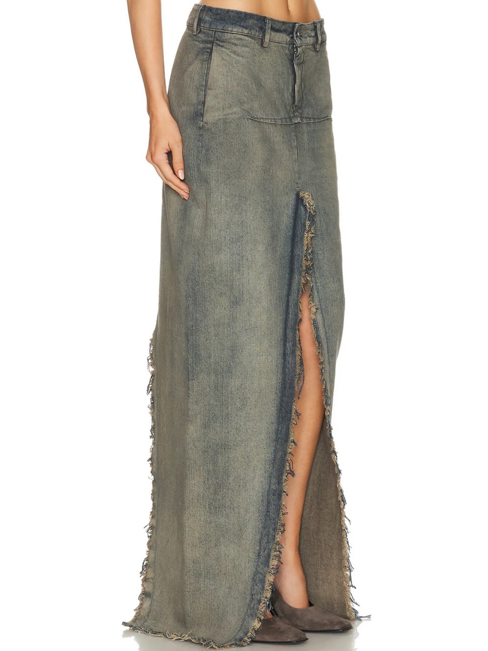 NWT Rick Owens Denim Sliced Cotton Distressed Faded Maxi Skirt Dirty Hustler